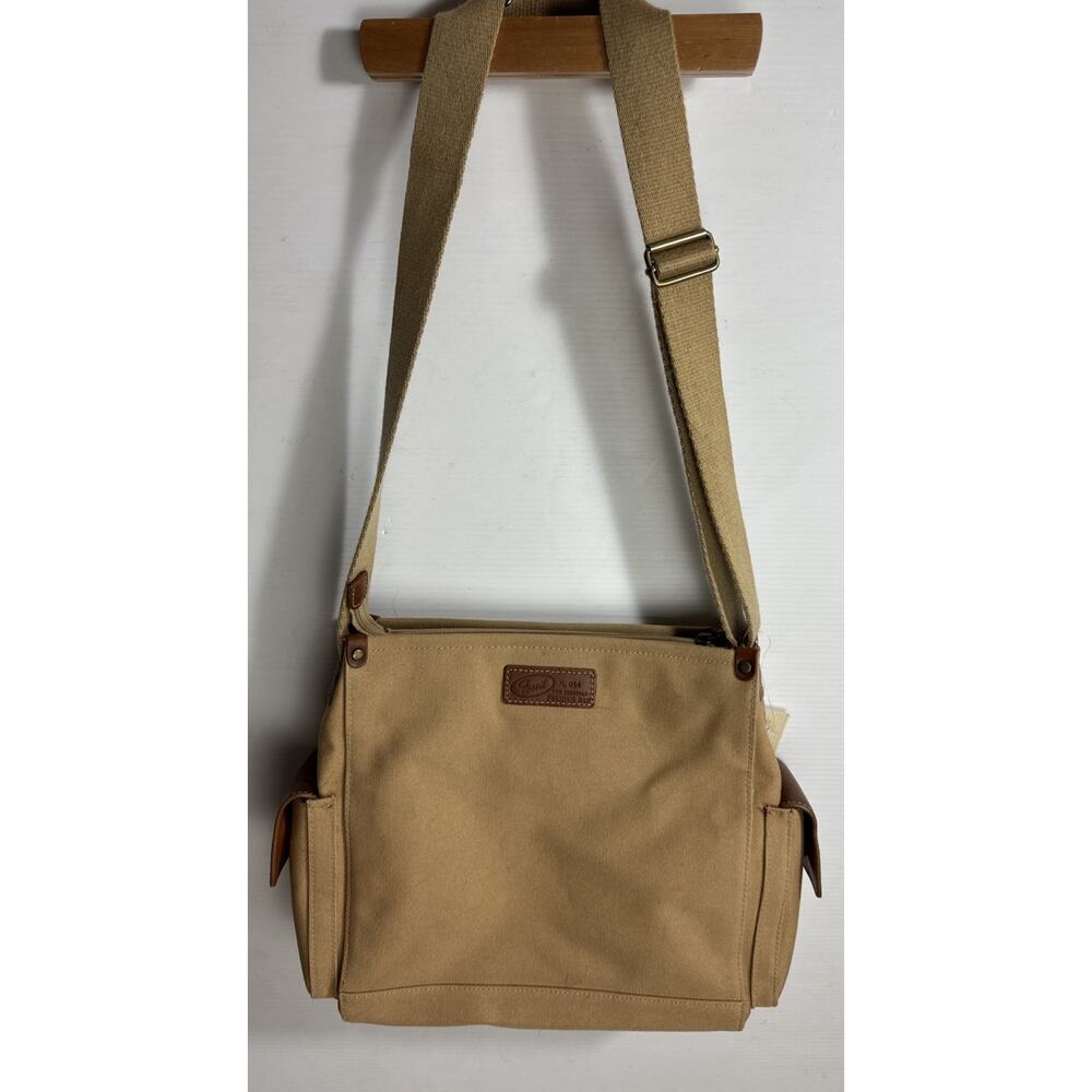 Fossil Canvas Messenger Bag Leather Accents Crossbody Khaki Multi Pockets *READ*